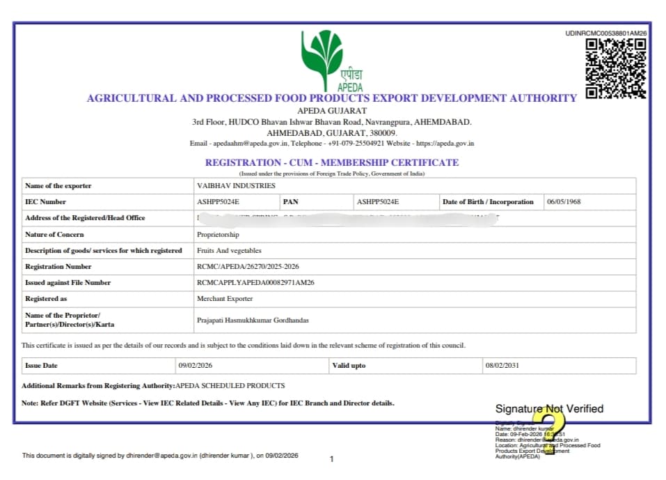 APEDA registration-cum-membership certificate issued to Vaibhav Industries